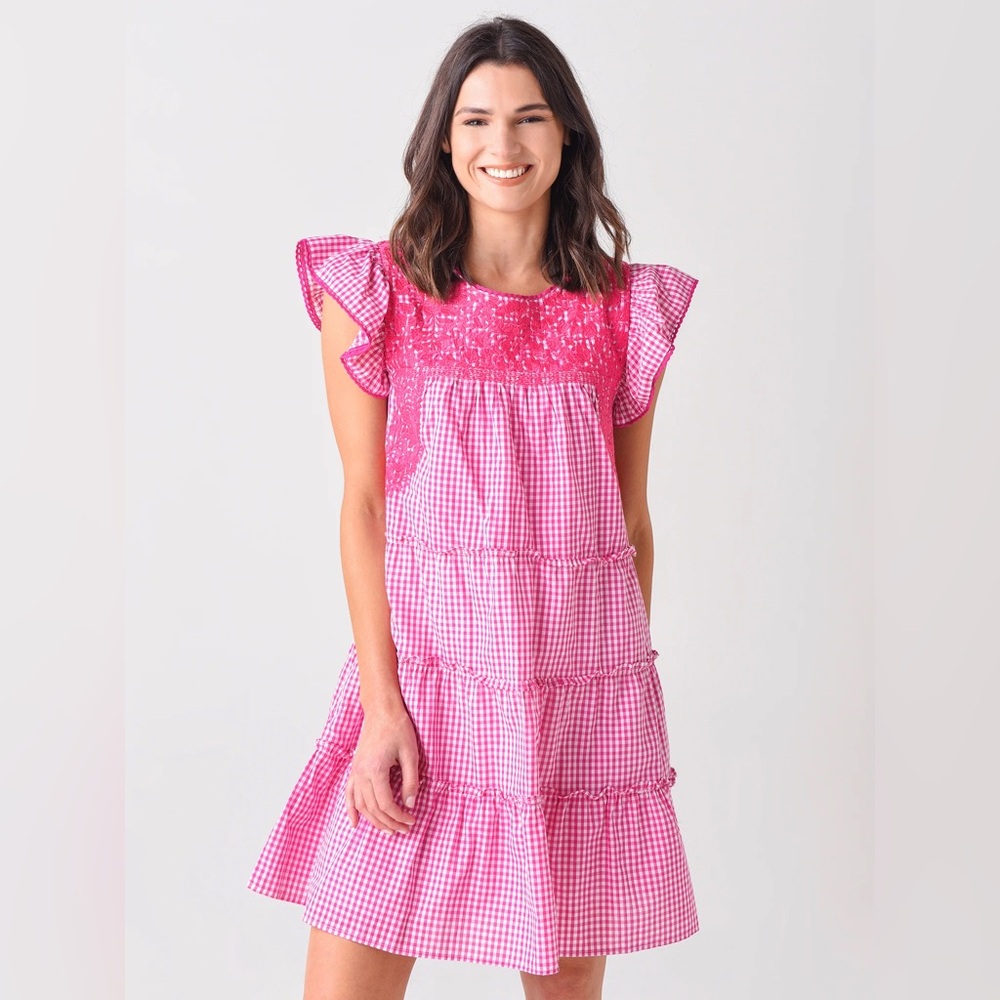 Women's Pink Gingham Tiered Mini Dress with Smocked Yoke